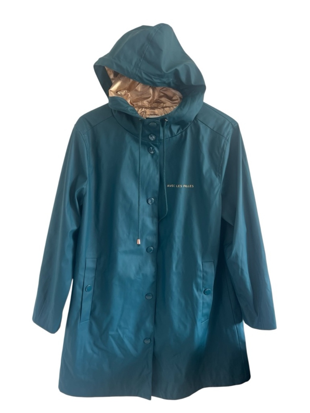 Avec Les Filles Teal Hooded Trench Coat with Gold Lining